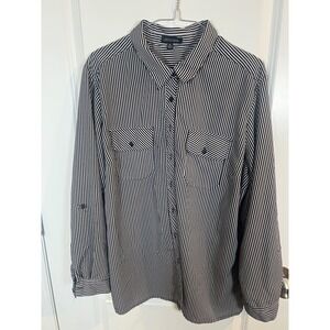 Notations Womens Button Up Shirt Striped Black White XL